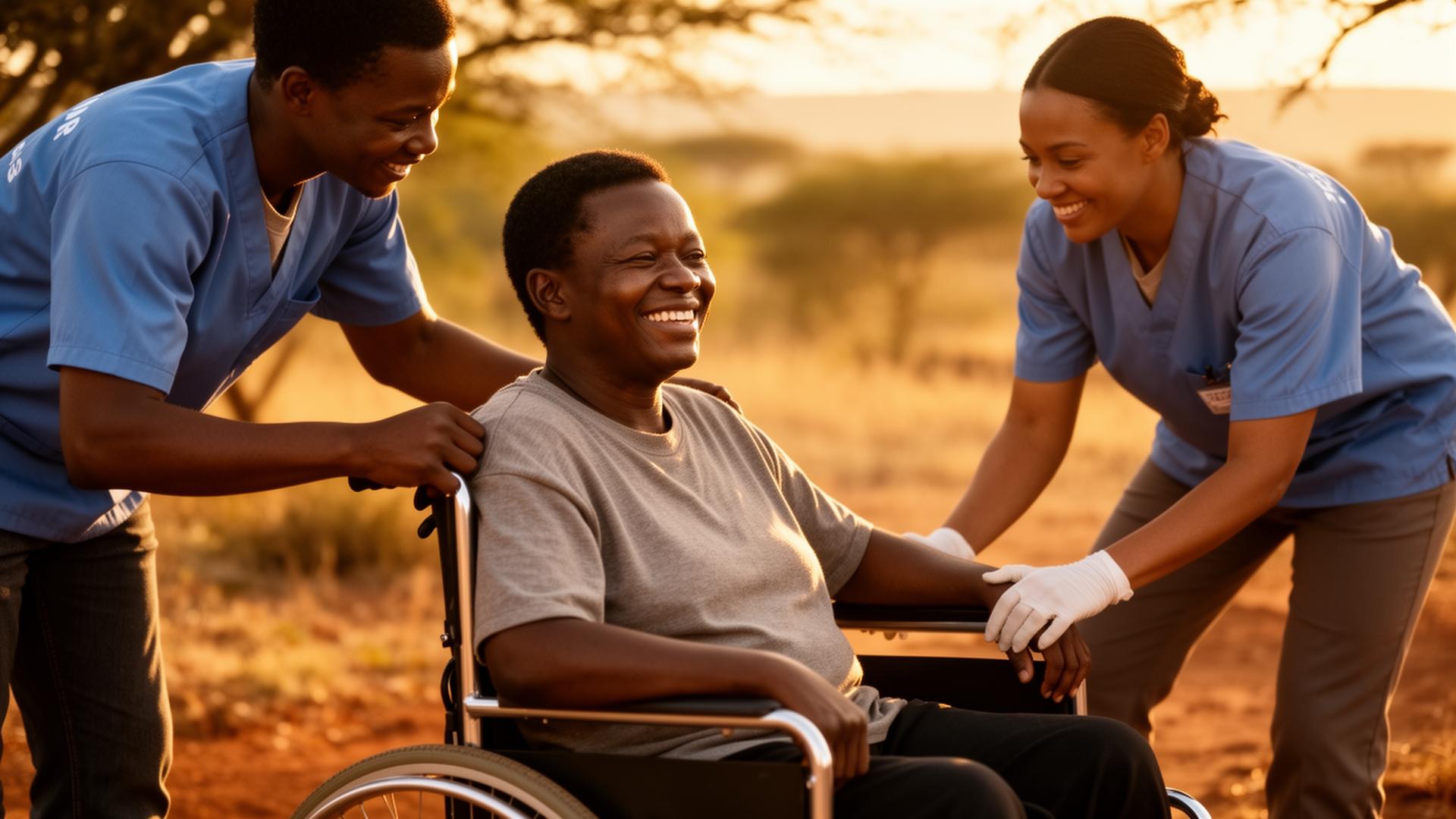 Volunteers helping a smiling man in a wheelchair at golden hour in South Africa